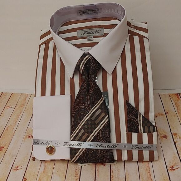 MEN'S FRATELLO TAN-WHITE VERTICAL DRESS SHIRT COMBO PACK. - Picture 1 of 4